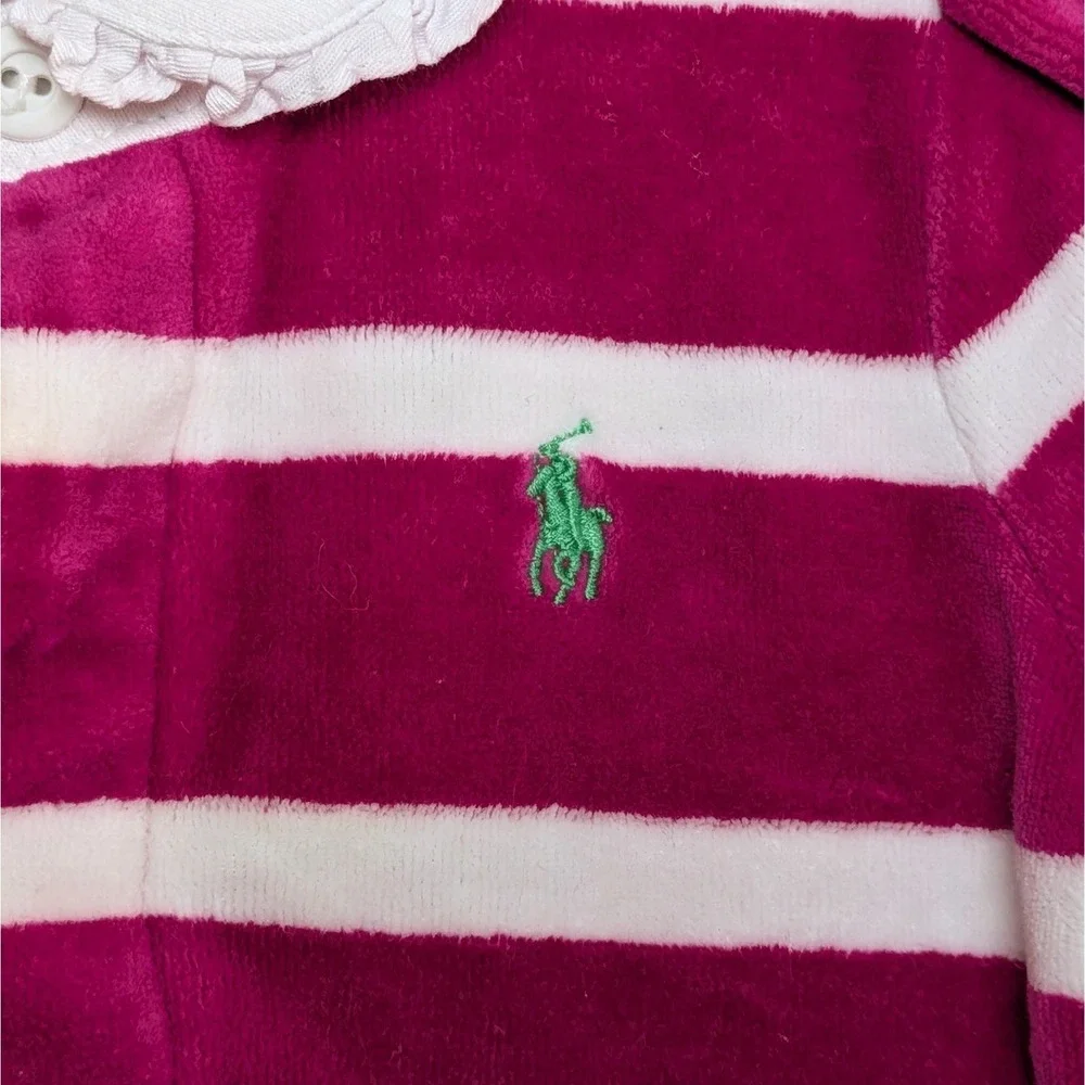 Polo Ralph Lauren Pink &‎ White Striped Velour Footie One Piece Romper 9 Months